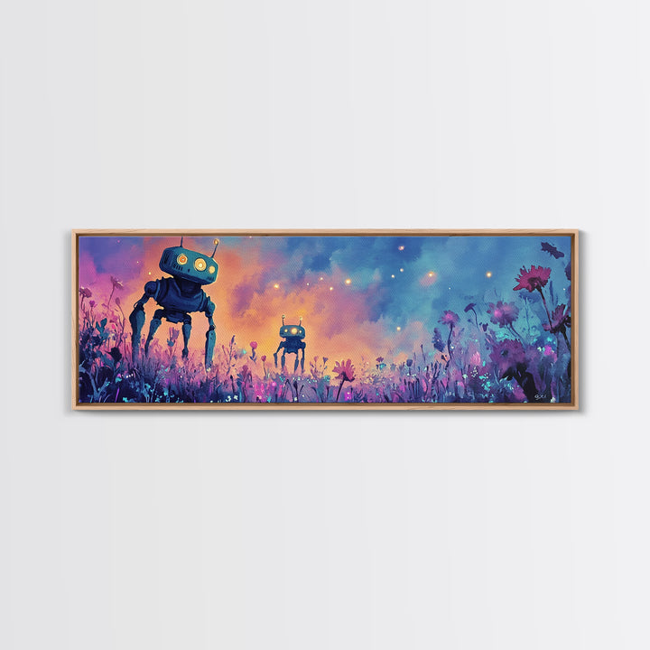 Cute Robots In Pastel Wildflower Field Wall Art, Whimsical Canvas Print, Sci Fi Decor, Kids Room Art, Unique Gift, Nursery Decor