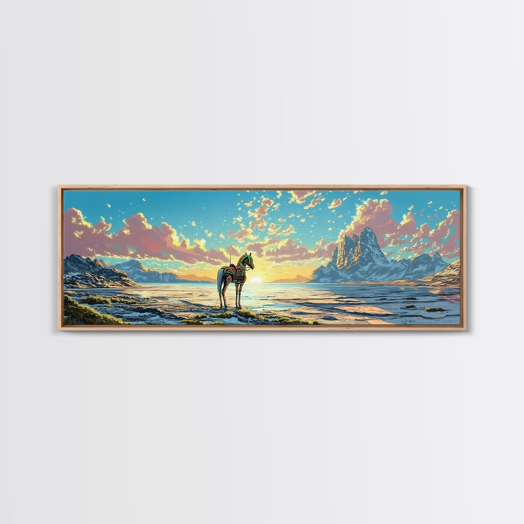 Solitary Horse At Alpine Sunrise Canvas Print, Panoramic Mountain Lake Wall Art, Western Decor, Living Room Decor, Home Decor