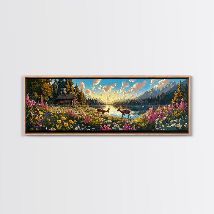 Rustic Cabin With Deer And Wildflowers Framed Canvas Print, Mountain Lake Wall Art, Farmhouse Decor, Housewarming Gift, Living Room Decor
