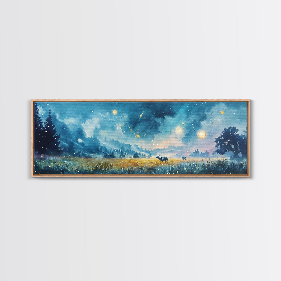 Moonlit Blue Meadow With Deer And Fireflies Wall Art, Dreamy Landscape Canvas Print, Celestial Decor, Calming Bedroom Decor