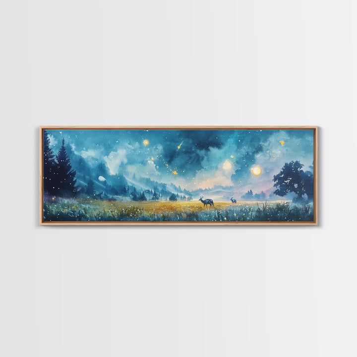 Moonlit Blue Meadow With Deer And Fireflies Wall Art, Dreamy Landscape Canvas Print, Celestial Decor, Calming Bedroom Decor