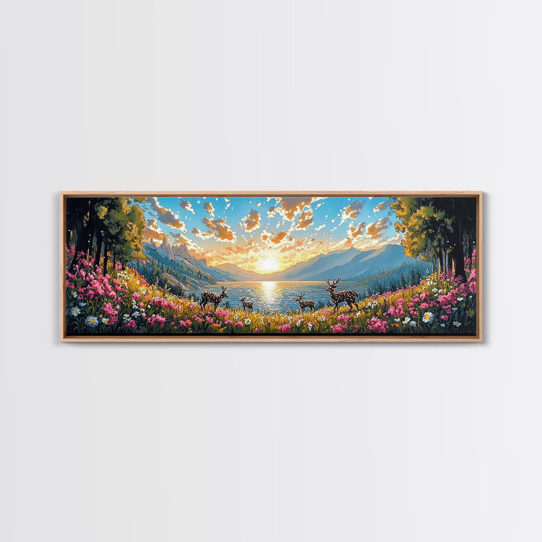 Deer Herd At Golden Alpine Lake Sunrise Wall Art, Wildflower Mountain Landscape Canvas Print, Large Living Room Decor, Housewarming Gift