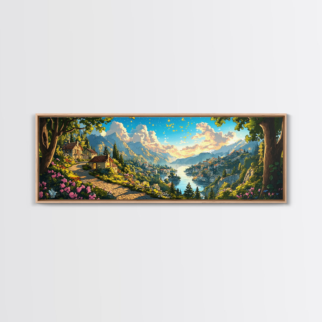 Sunlit Lakeside Village And Mountain Garden Canvas Print, Italian Landscape Wall Art, Travel Poster, Elegant Home Decor, Fine Art Print