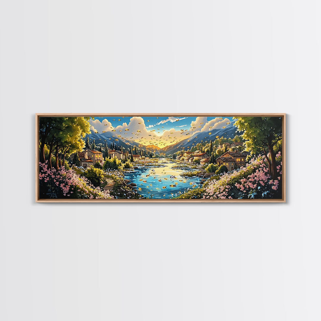 Sunny Mountain River Village With Wildflowers Wall Art, Panoramic Landscape Canvas Print, Rustic Home Decor, Above Sofa Art