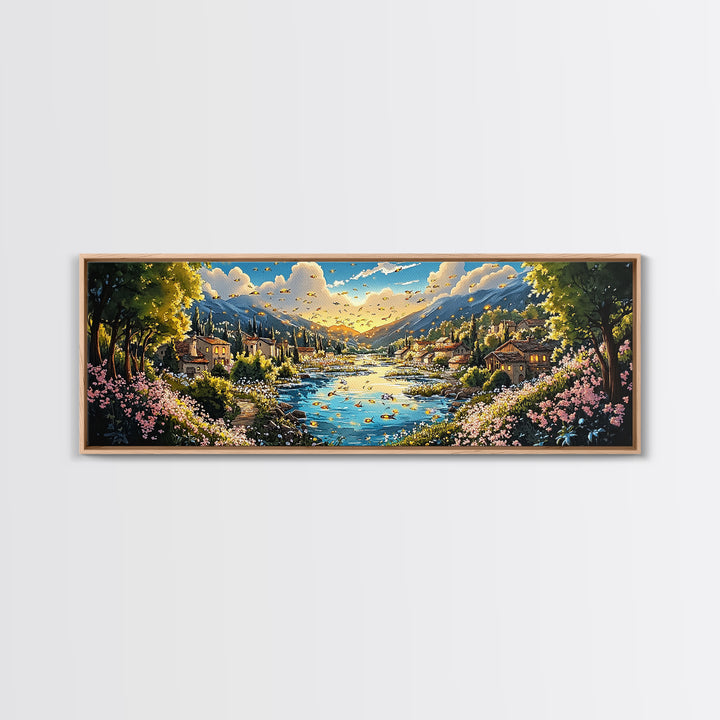 Sunny Mountain River Village With Wildflowers Wall Art, Panoramic Landscape Canvas Print, Rustic Home Decor, Above Sofa Art