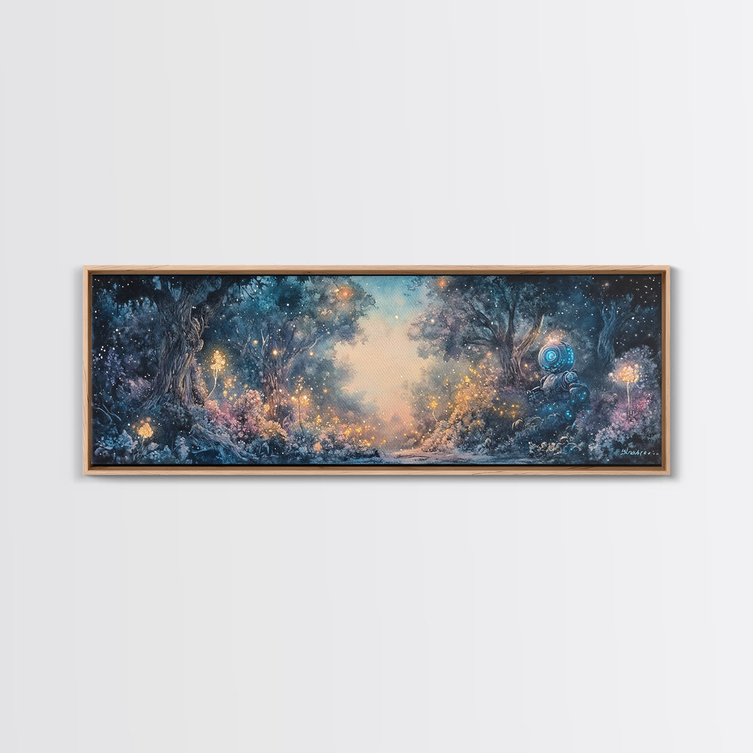 Enchanted Blue Forest With Glowing Fireflies Wall Art, Fantasy Landscape Canvas Print, Magical Woodland Living Room Decor