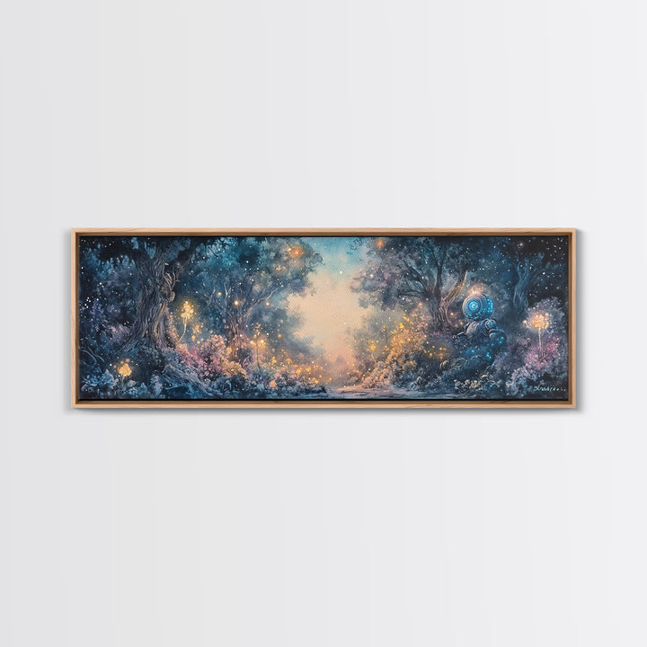 Enchanted Blue Forest With Glowing Fireflies Wall Art, Fantasy Landscape Canvas Print, Magical Woodland Living Room Decor