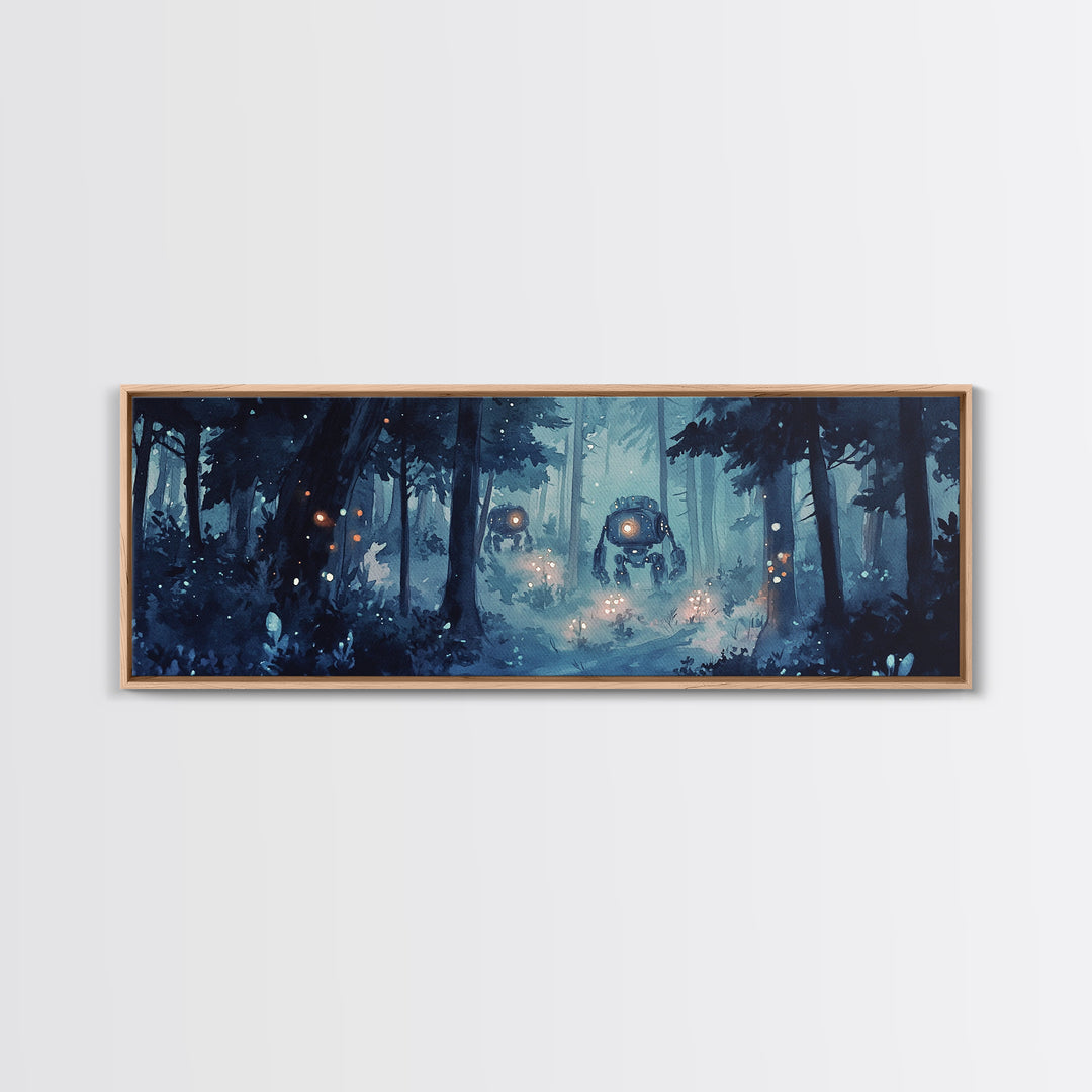 Misty Blue Forest Robots With Glowing Lantern Eyes Wall Art, Sci Fi Fantasy Canvas Print, Moody Woodland Home Office Decor