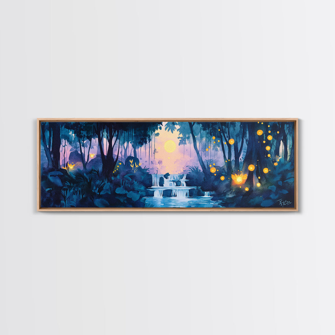 Moonlit Blue Jungle Waterfall With Glowing Fireflies Wall Art, Fantasy Watercolor Canvas Print, Whimsical Bathroom Decor