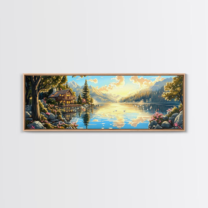 Alpine Lake Cabin With Mountain Reflections Wall Art, Panoramic Landscape Canvas Print, Rustic Lodge Home Living Room Decor
