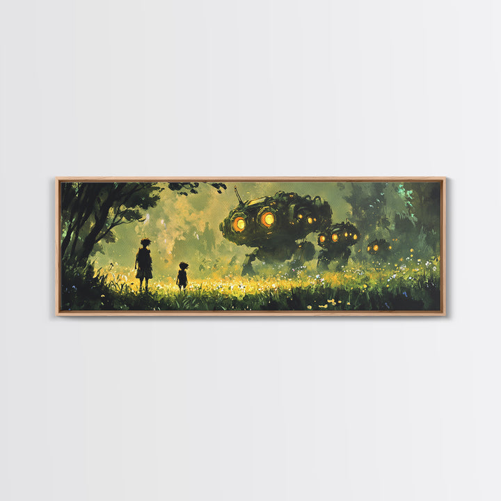 Children In Glowing Meadow Watching Flying Robots Wall Art, Sci Fi Fantasy Canvas Print, Whimsical Futuristic Home Decor