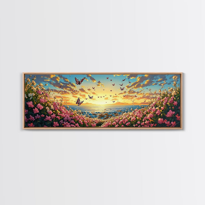 Butterfly Ocean Sunset Pink Flower Canvas Print, Coastal Wall Art, Romantic Bedroom Art, Beach House Decor, Gift For Her