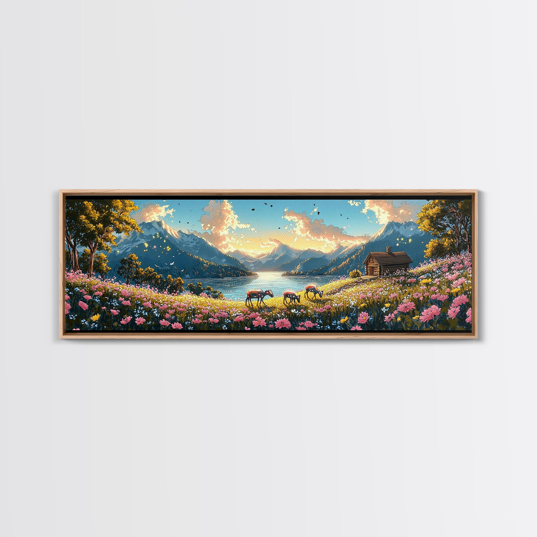 Alpine Lake With Horses And Flower Meadow Wall Art, Mountain Landscape Canvas Print, Rustic Cabin Decor, Living Room Art
