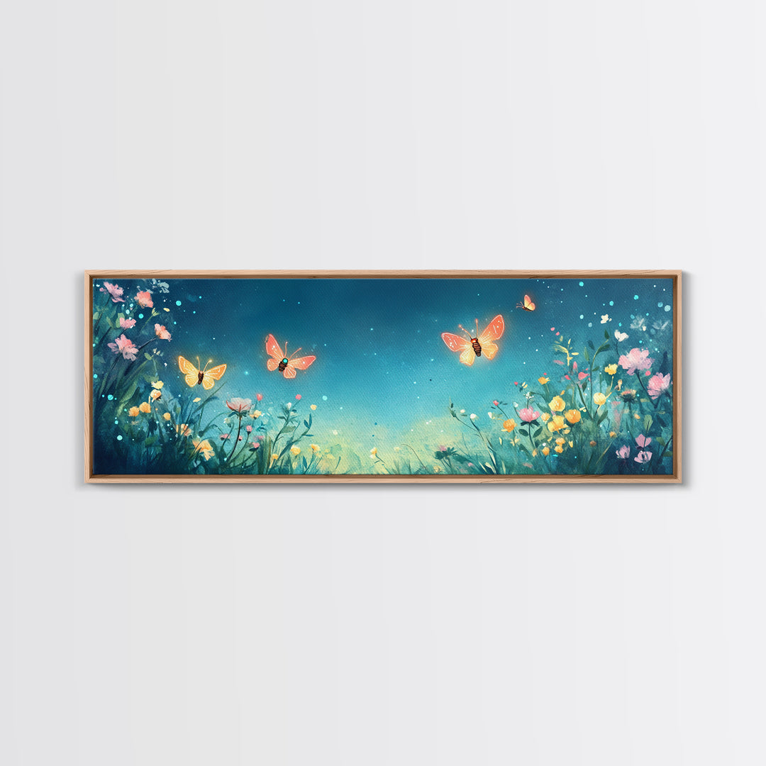 Butterflies Over Teal Wildflower Garden Wall Art, Whimsical Floral Canvas Print, Nursery Decor, Bedroom Wall Decor Gift