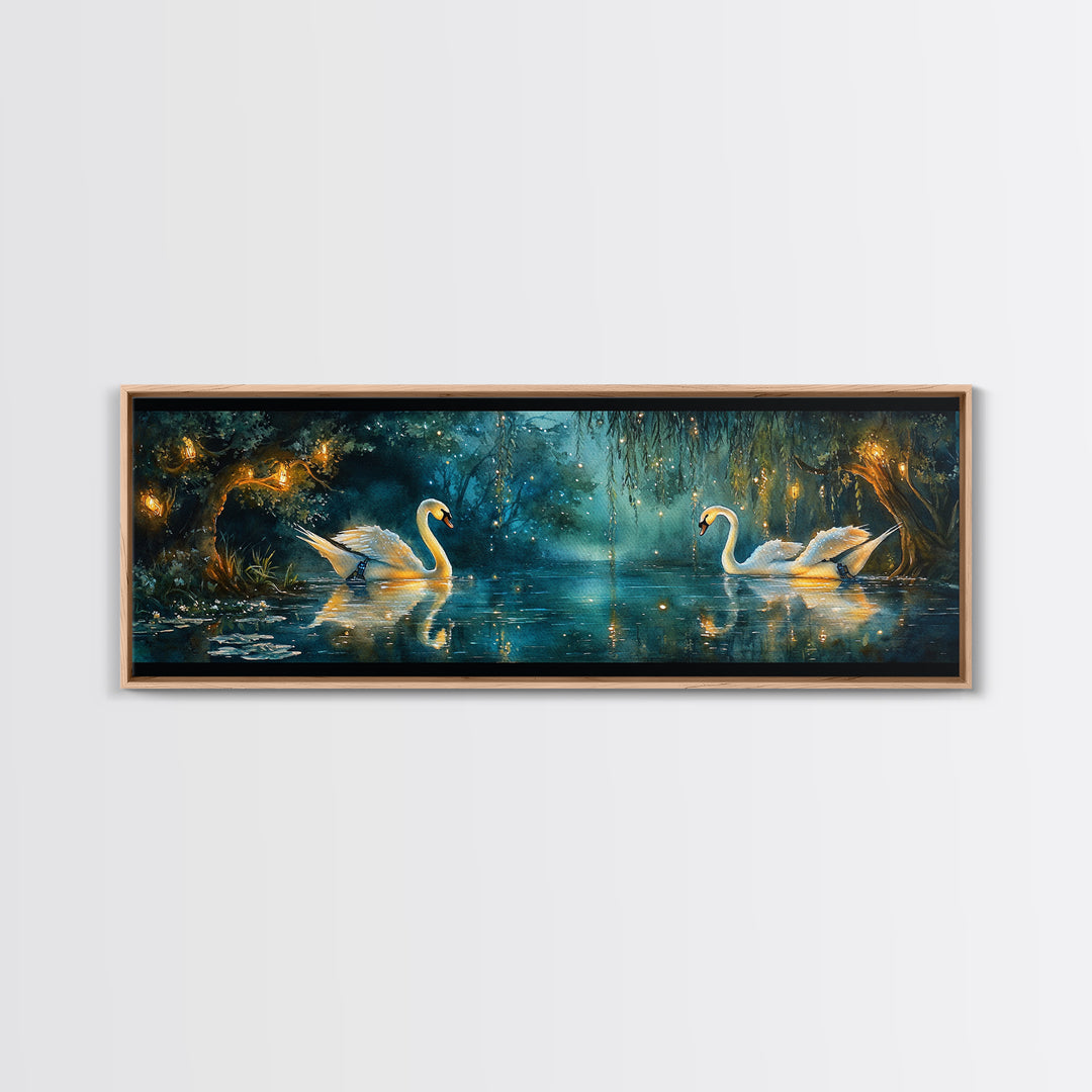 Moonlit Swans On Enchanted Pond Wall Art, Dark Botanical Framed Canvas Print, Romantic Bedroom Decor, Nature Wall Art Gift