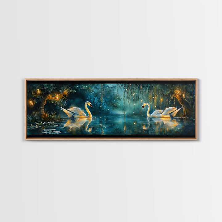 Moonlit Swans On Enchanted Pond Wall Art, Dark Botanical Framed Canvas Print, Romantic Bedroom Decor, Nature Wall Art Gift