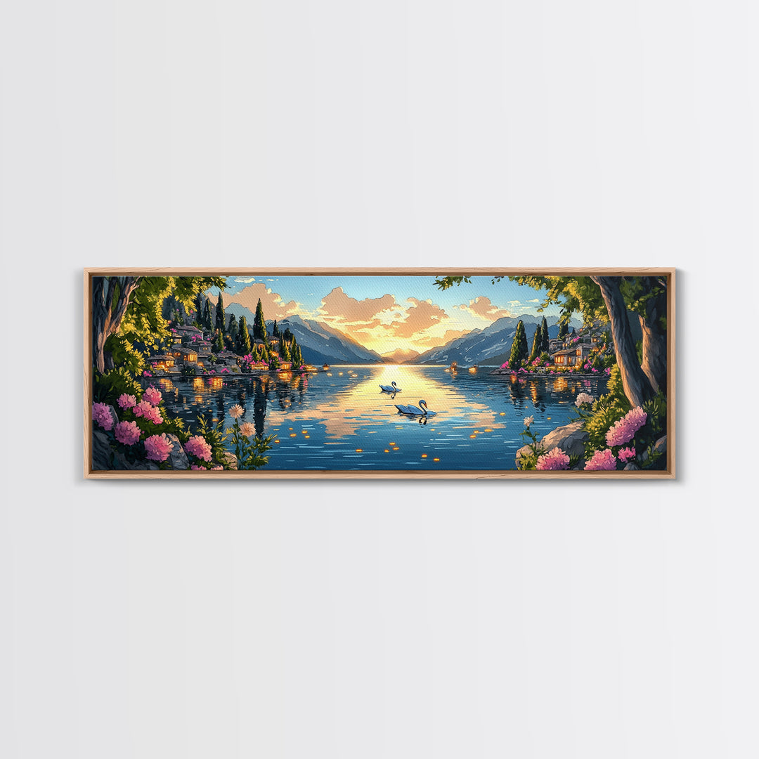 Italian Lake Sunset With Swans Framed Canvas Print, Romantic Coastal Wall Art, Mediterranean Decor, Large Living Room Art