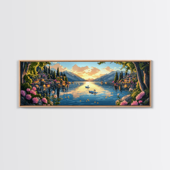 Italian Lake Sunset With Swans Framed Canvas Print, Romantic Coastal Wall Art, Mediterranean Decor, Large Living Room Art