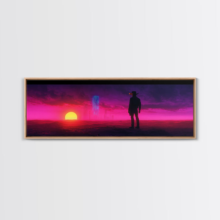Neon Cowboy At Magenta Sunset Canvas Print, Cyberpunk Western Landscape, Futuristic Wall Decor, Gaming Room Art Gift For Him