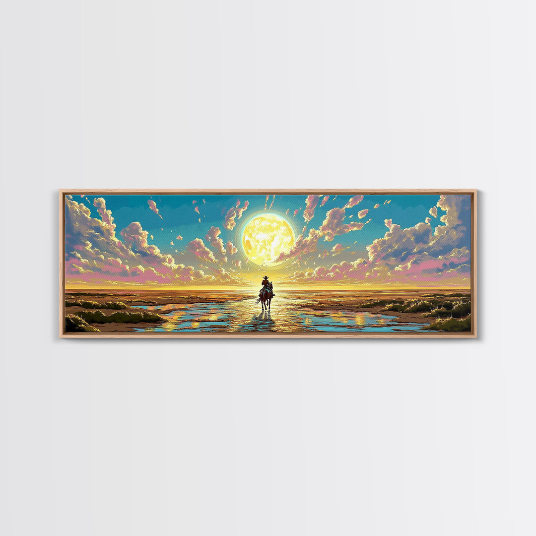 Solitary Rider Beneath Golden Moon Wall Art, Panoramic Western Landscape Print, Celestial Desert Decor, Above Bed Art Gift