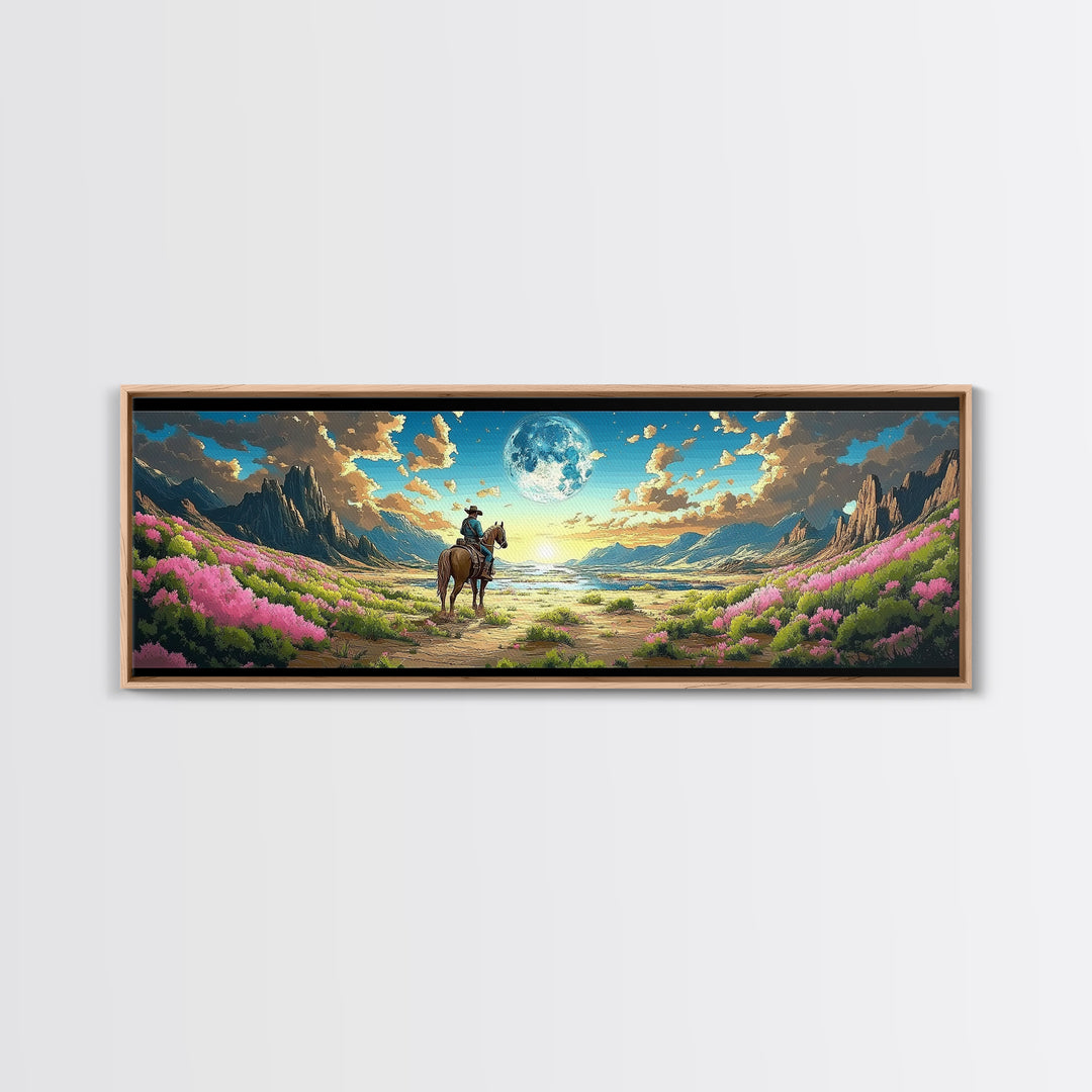 Cowboy On Horse In Moonlit Flower Valley Framed Canvas Print, Western Mountain Landscape, Pink Floral Wall Decor Gift For Her