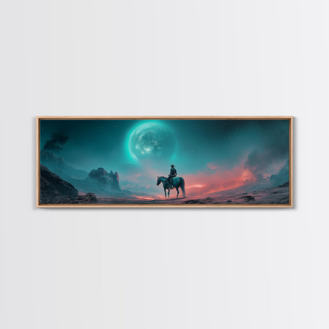 Moonlit Lone Rider In Teal Desert Wall Art, Fantasy Western Landscape Print, Moody Celestial Decor, Horse Lover Gift For Him