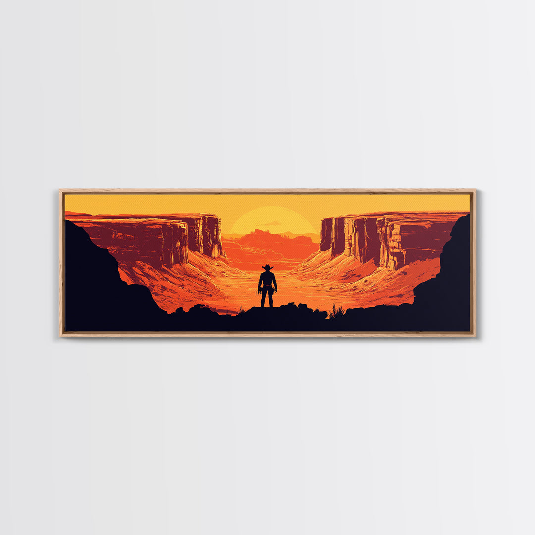 Cowboy Silhouette In Orange Desert Canyon Canvas Print, Retro Western Landscape, Southwestern Wall Decor, Man Cave Art Gift