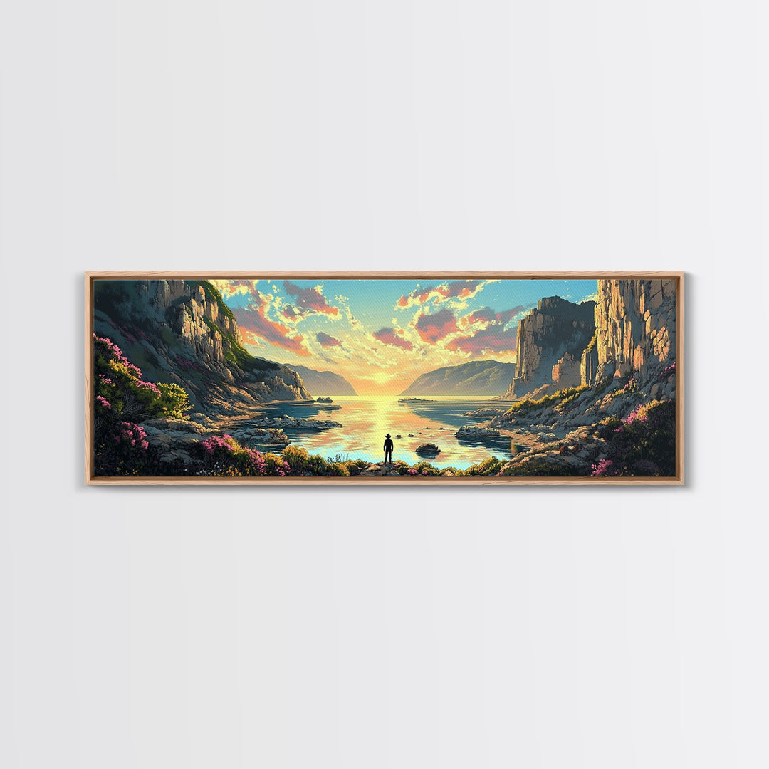 Lone Traveler At Golden Coastal Cliffs Framed Canvas Print, Serene Ocean Landscape, Panoramic Wall Decor For Living Room