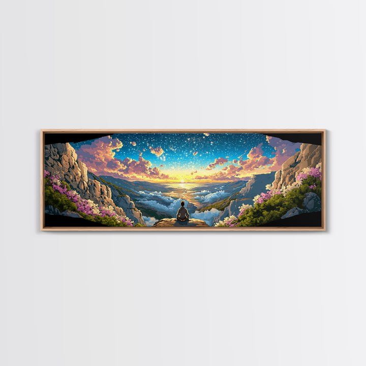 Meditating Figure Over Sunrise Mountain Valley Wall Art, Panoramic Fantasy Landscape Canvas Print For Living Room Decor Gift
