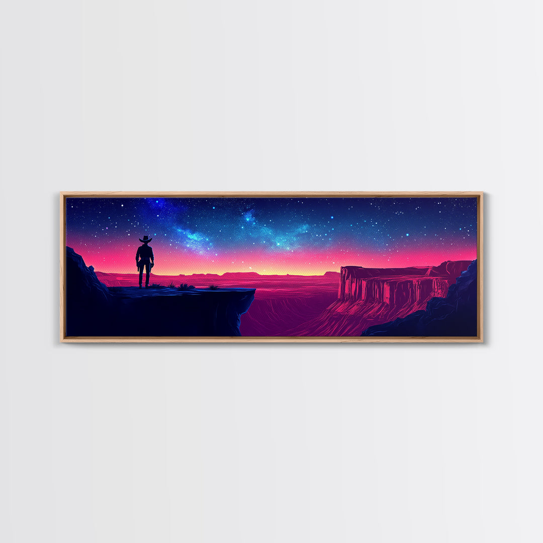 Antlered Traveler On Neon Desert Canyon Wall Art, Starry Night Western Fantasy Canvas Print For Game Room Decor, Housewarming Gift