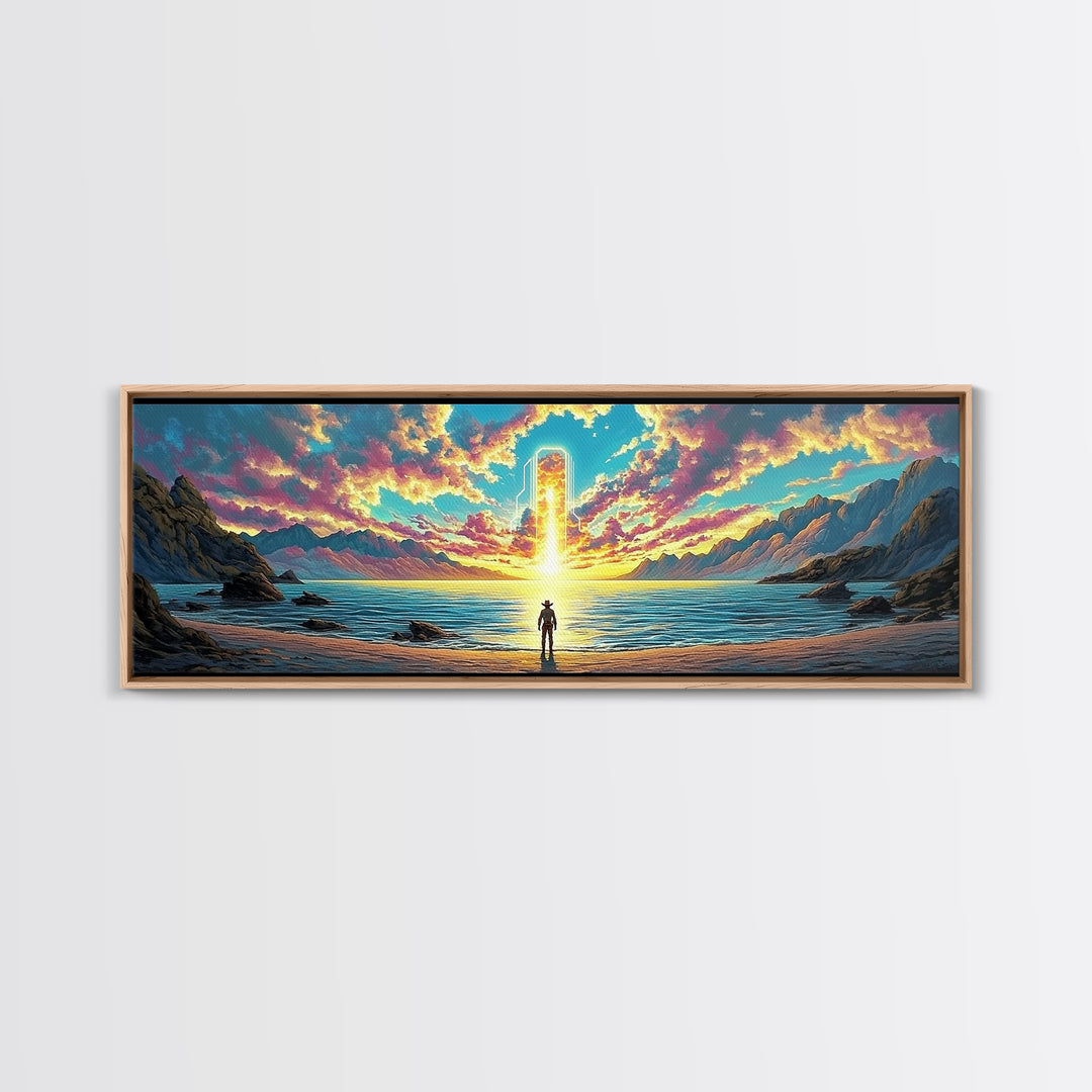 Glowing Portal Over Sunrise Ocean Shore Wall Art, Surreal Mountain Landscape Framed Canvas Print For Modern Living Room Decor