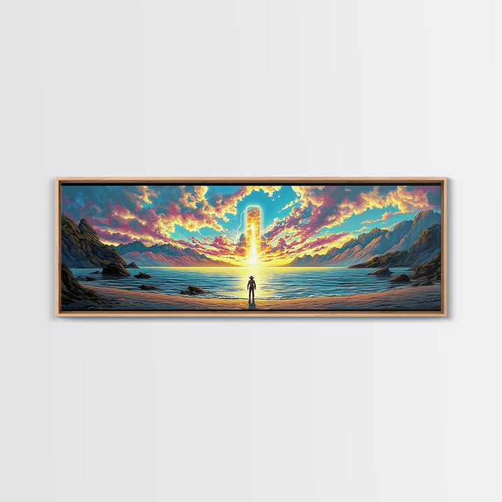 Glowing Portal Over Sunrise Ocean Shore Wall Art, Surreal Mountain Landscape Framed Canvas Print For Modern Living Room Decor