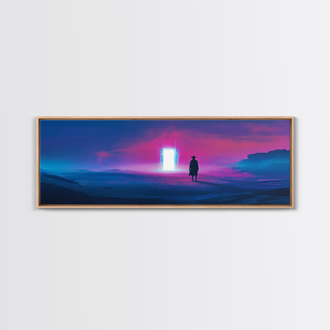 Cowboy Silhouette Facing Neon Ocean Portal Wall Art, Cyberpunk Western Landscape Canvas Print For Man Cave Wall Decor Gift