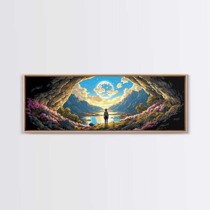 Adventurer In Moonlit Cave Opening Wall Art, Panoramic Alpine Lake Landscape Canvas Print For Fantasy Bedroom Decor Gift