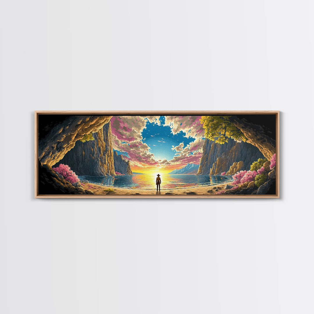 Lone Figure In Sunlit Coastal Cave Wall Art, Dramatic Panoramic Seascape Landscape Canvas Print For Beach House Living Room Decor Gift