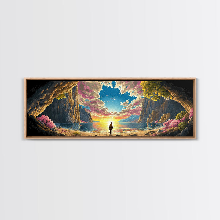Lone Figure In Sunlit Coastal Cave Wall Art, Dramatic Panoramic Seascape Landscape Canvas Print For Beach House Living Room Decor Gift