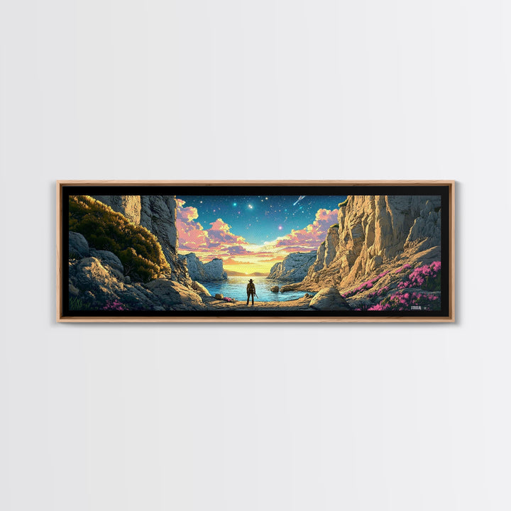 Explorer At Rocky Starlit Sea Cove Large Wall Art, Panoramic Coastal Landscape Canvas Print For Living Room Wall Decor Gift