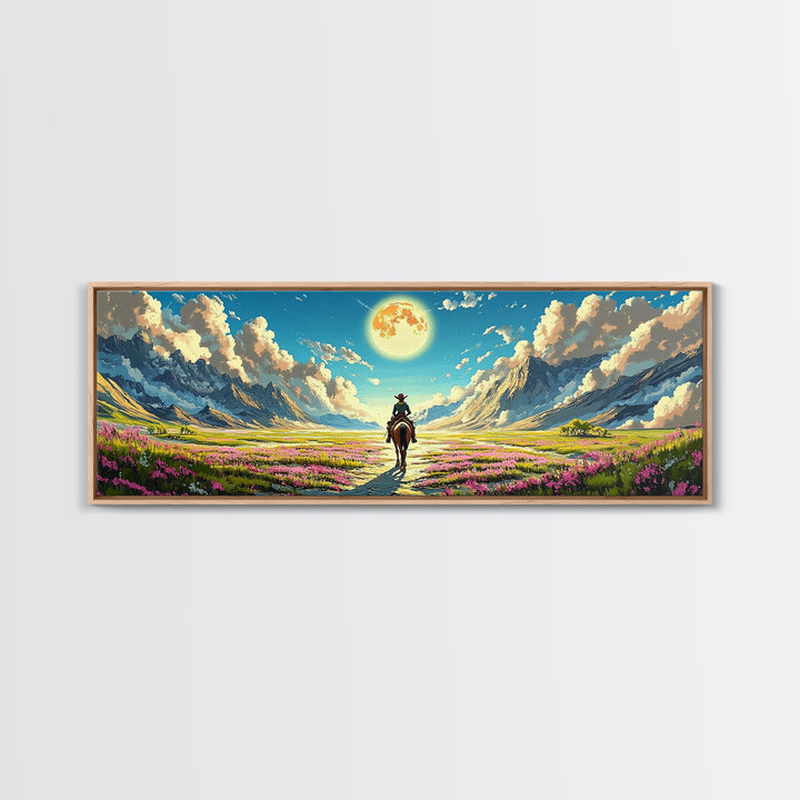 Cowboy Riding Through Moonlit Flower Valley Wall Art, Western Mountain Landscape Framed Canvas Print For Rustic Home Decor Gift