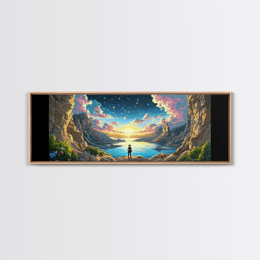 Starry Canyon Lake Cowboy Wall Art, Western Landscape Canvas Print, Sci Fi Desert Decor, Panoramic Living Room Art, Home Decor