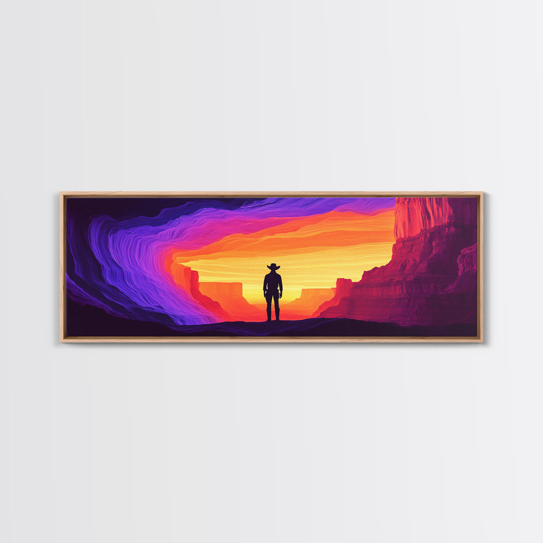 Neon Sunset Cowboy Canyon Wall Art, Western Desert Canvas Print, Vibrant Southwestern Decor, Panoramic Man Cave Art, Home Decor