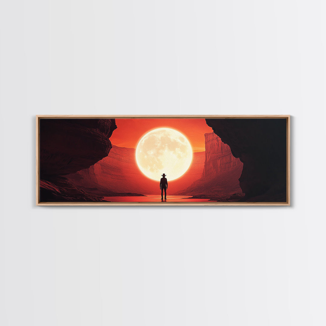 Full Moon Cowboy Cave Wall Art, Red Desert Framed Canvas Print, Western Sci Fi Decor, Panoramic Bedroom Wall Decor, Home Decor
