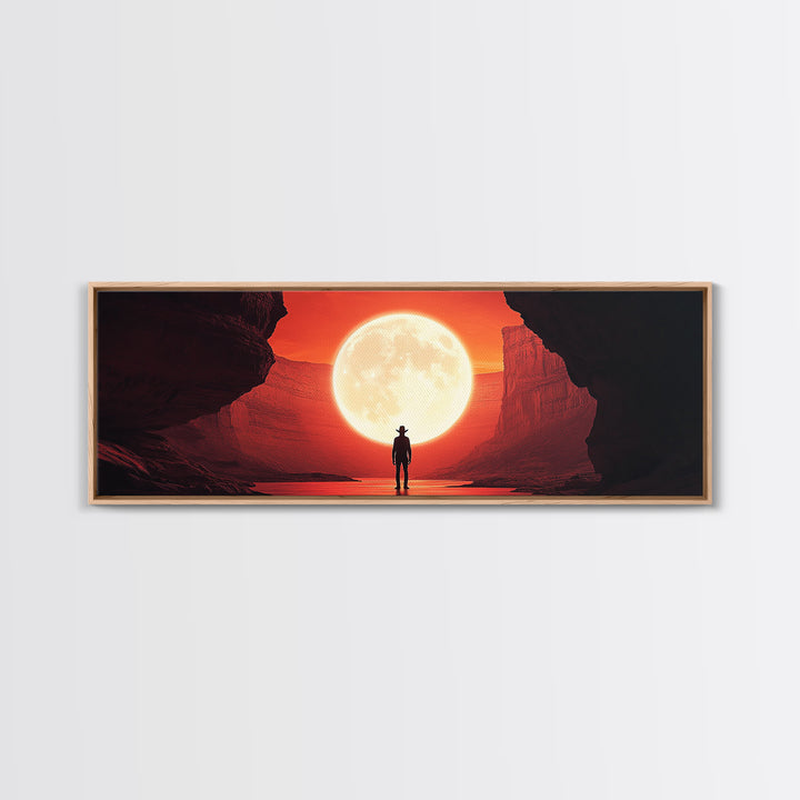 Full Moon Cowboy Cave Wall Art, Red Desert Framed Canvas Print, Western Sci Fi Decor, Panoramic Bedroom Wall Decor, Home Decor