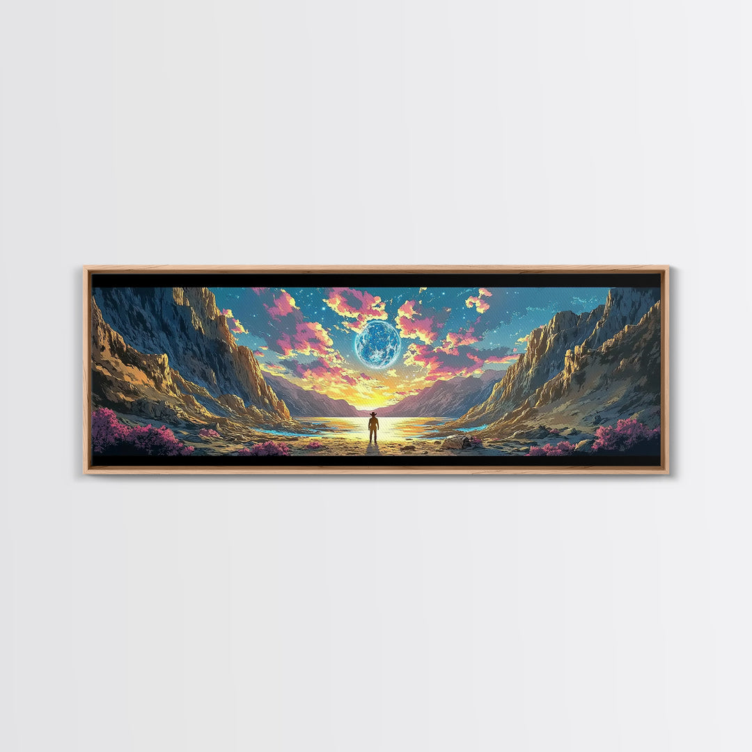 Alien Moon Mountain Valley Wall Art, Fantasy Landscape Canvas Print, Celestial Sci Fi Decor, Panoramic Living Room Art, Home Decor