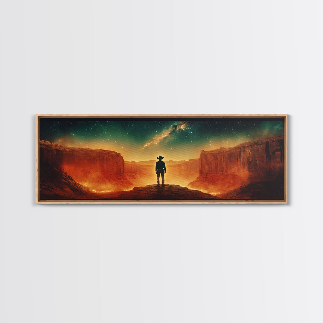 Milky Way Canyon Cowboy Wall Art, Western Desert Canvas Print, Sci Fi Night Sky Decor, Panoramic Office Decor Living Room Art