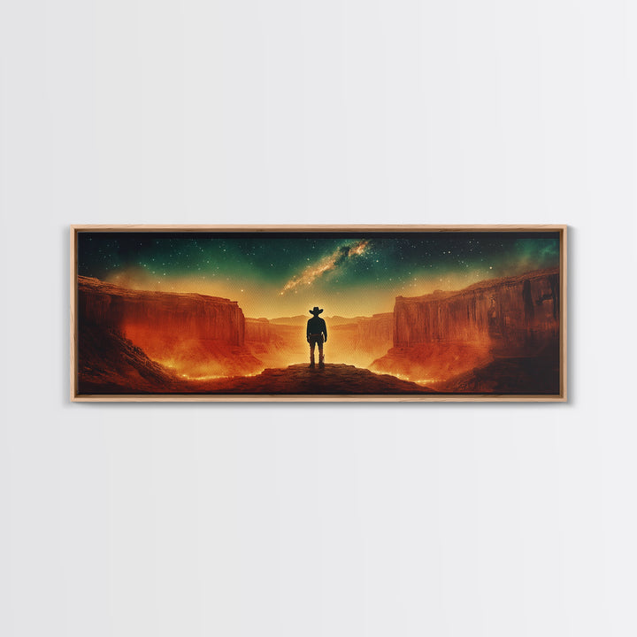 Milky Way Canyon Cowboy Wall Art, Western Desert Canvas Print, Sci Fi Night Sky Decor, Panoramic Office Decor Living Room Art
