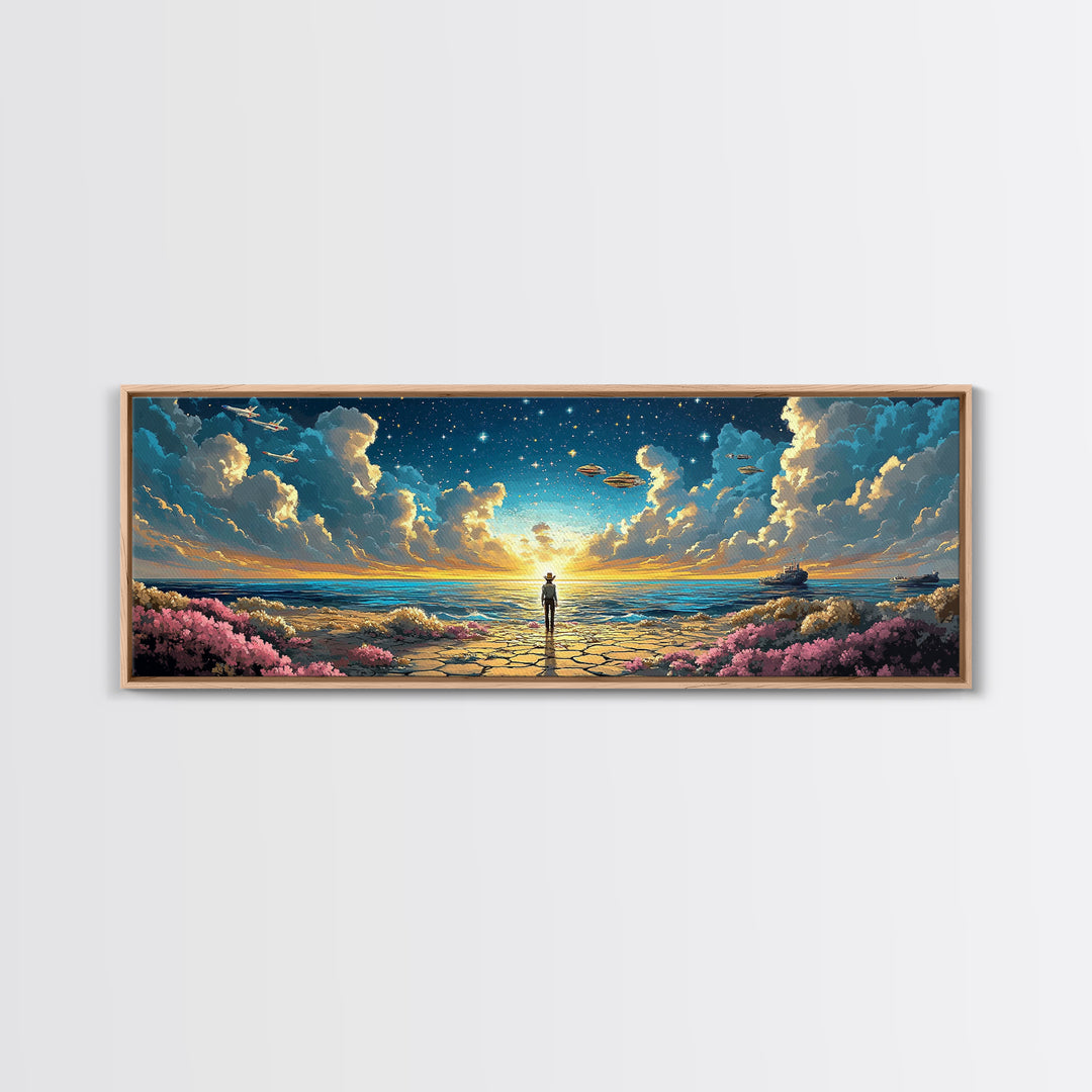 Ufo Seaside Sunrise Cowboy Wall Art, Coastal Sci Fi Canvas Print, Starry Ocean Decor, Panoramic Fantasy Living Room Art, Home Decor