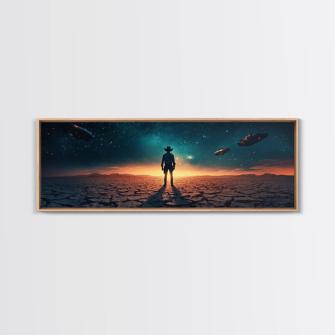 Ufo Desert Wanderer Cowboy Wall Art, Sci Fi Western Canvas Print, Alien Landscape Decor, Panoramic Man Cave Office Art, Home Decor