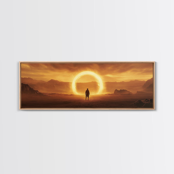 Golden Eclipse Cowboy Desert Wall Art, Western Sci Fi Canvas Print, Surreal Landscape Decor, Panoramic Living Room Art, Home Decor
