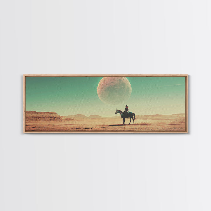 Lone Cowboy Under Giant Moon Wall Art, Western Desert Landscape Canvas, Panoramic Southwestern Decor, Living Room Decor, Gift For Him