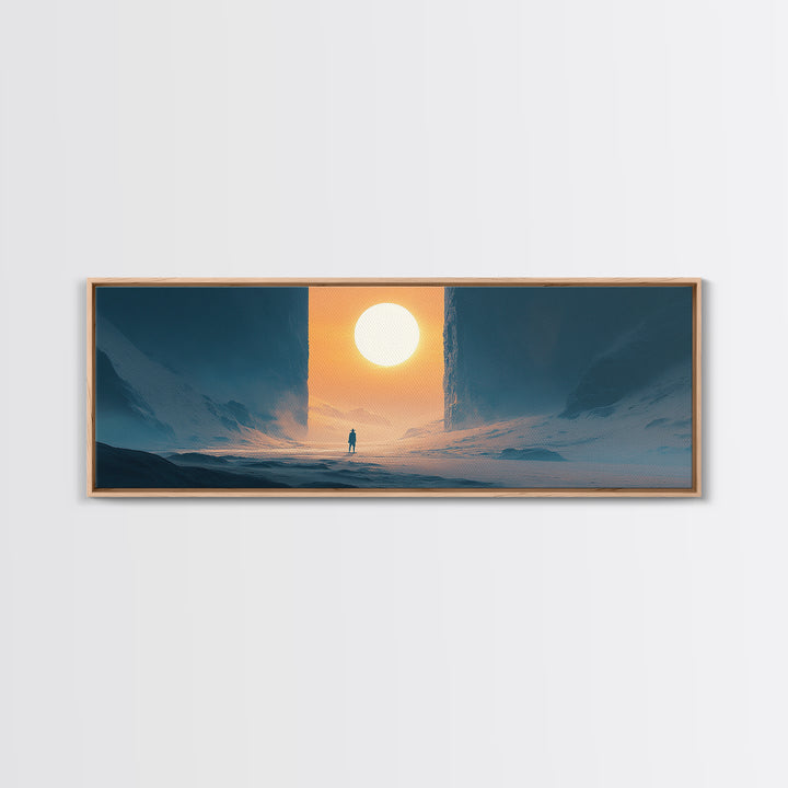 Solitary Figure Before Giant Sun Canvas Print, Futuristic Icy Landscape Wall Decor, Sci Fi Minimalist Art, Modern Office Decor